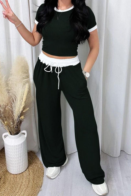 Contrast Trim Round Neck Top and Pants Set S-2XL