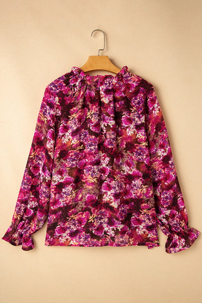 Printed Tie Neck Flounce Sleeve Blouse S-XL