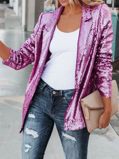 Sequin Lapel Collar Long Sleeve Blazer S-2XL