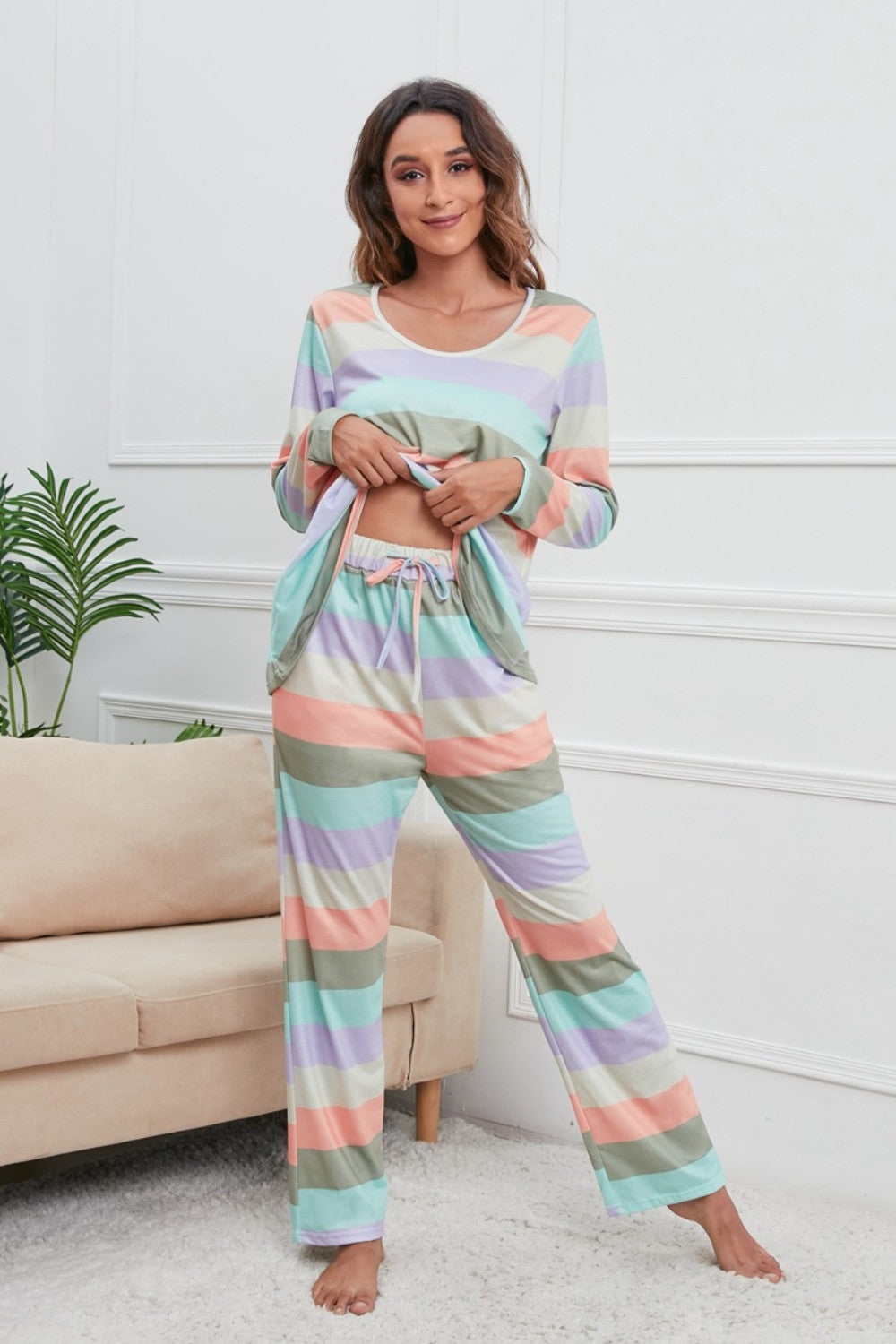 Striped Round Neck Long Sleeve Top and Drawstring Pants Lounge Set S-XL