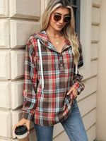 Drawstring Plaid Hooded Long Sleeve Top S-2XL