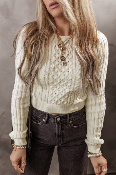 Cable-Knit Round Neck Long Sleeve Sweater S-XL