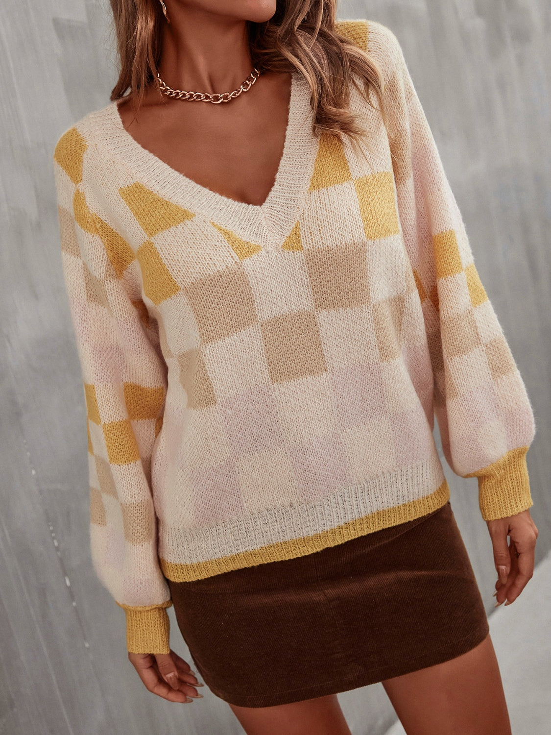 Checkered V-Neck Lantern Sleeve Sweater S-L