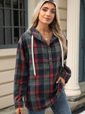 Drawstring Plaid Hooded Long Sleeve Top S-2XL