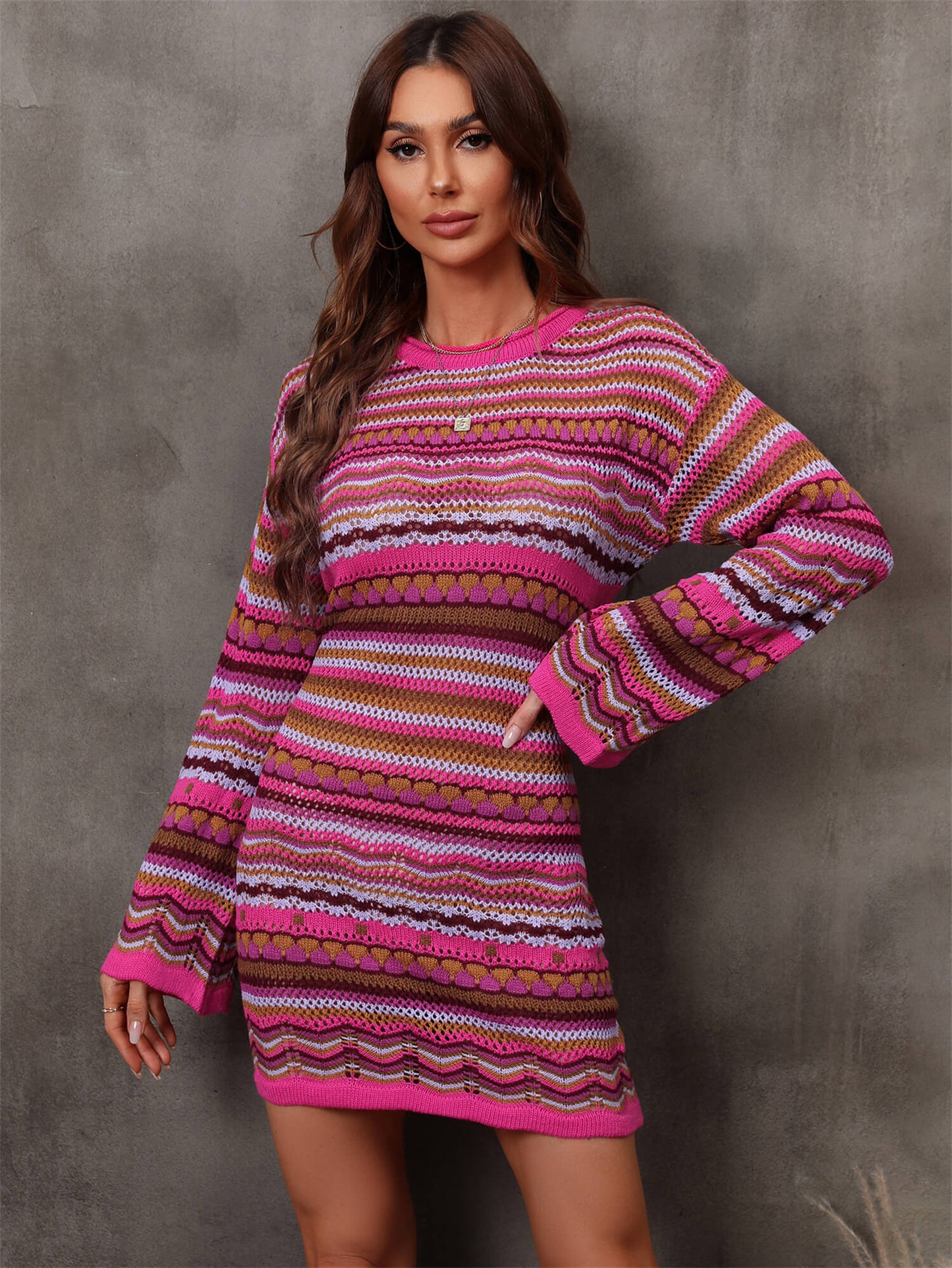 Multicolored Stripe Dropped Shoulder Sweater Dress S-XL