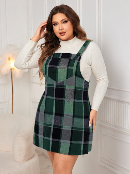 Plaid Wide Strap Overall Dress 1XL-4XL