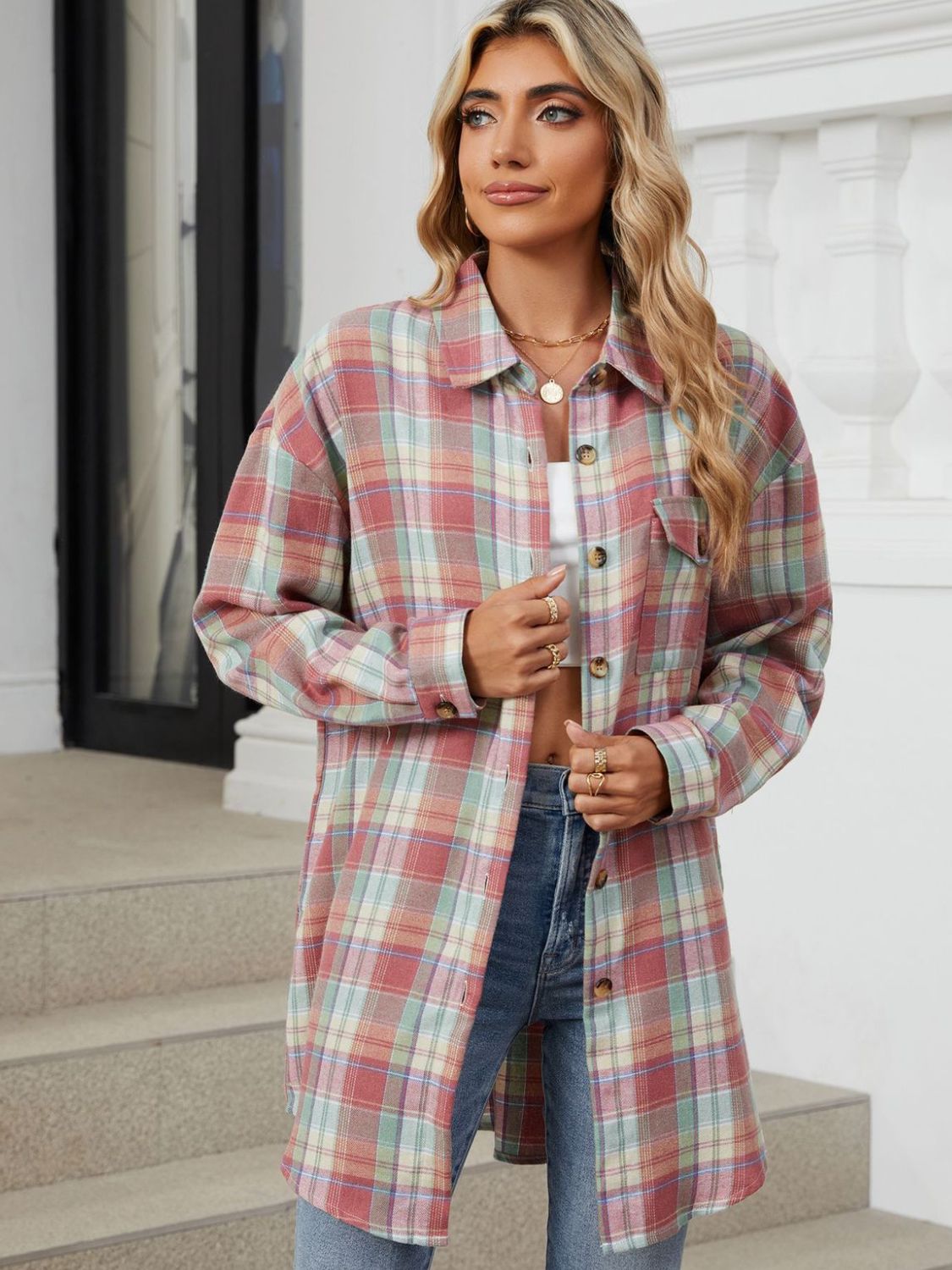 Plaid Collared Neck Long Sleeve Shirt S-2XL