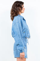 American Bazi Drawstring Waist Crop Denim Jacket S-L