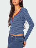 Buttoned Striped Long Sleeve T-Shirt S-XL