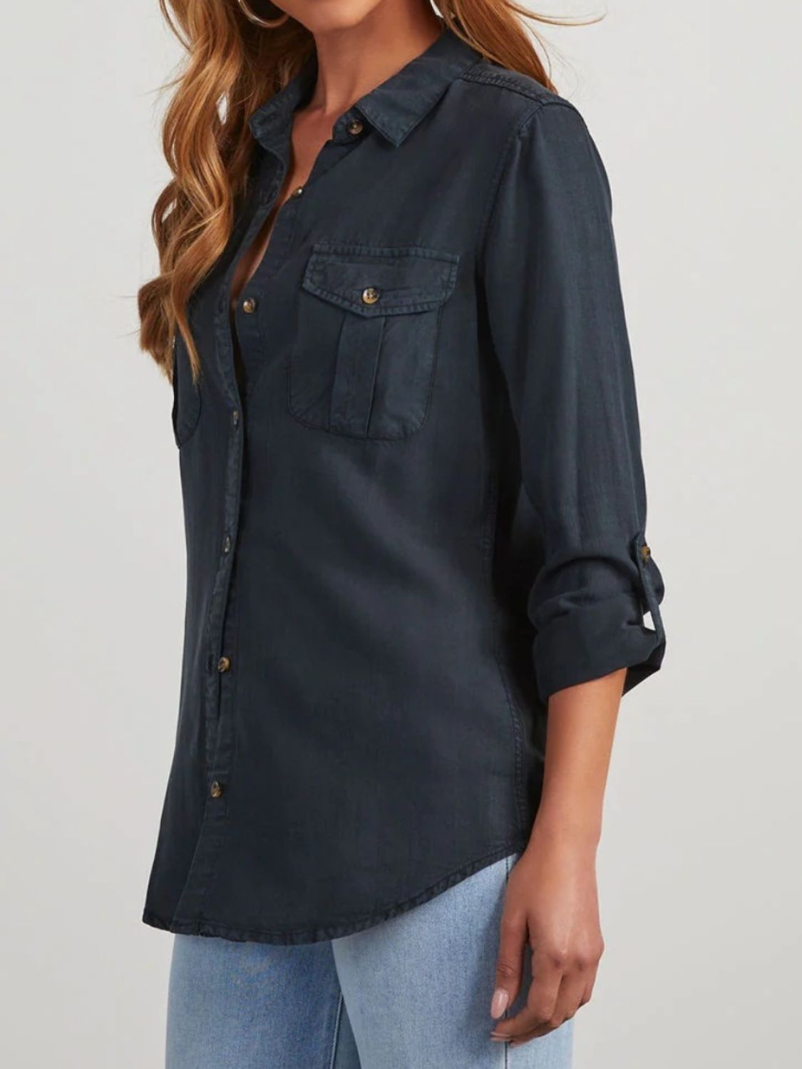 Collared Neck Roll-Tab Sleeve Denim Top S-2XL