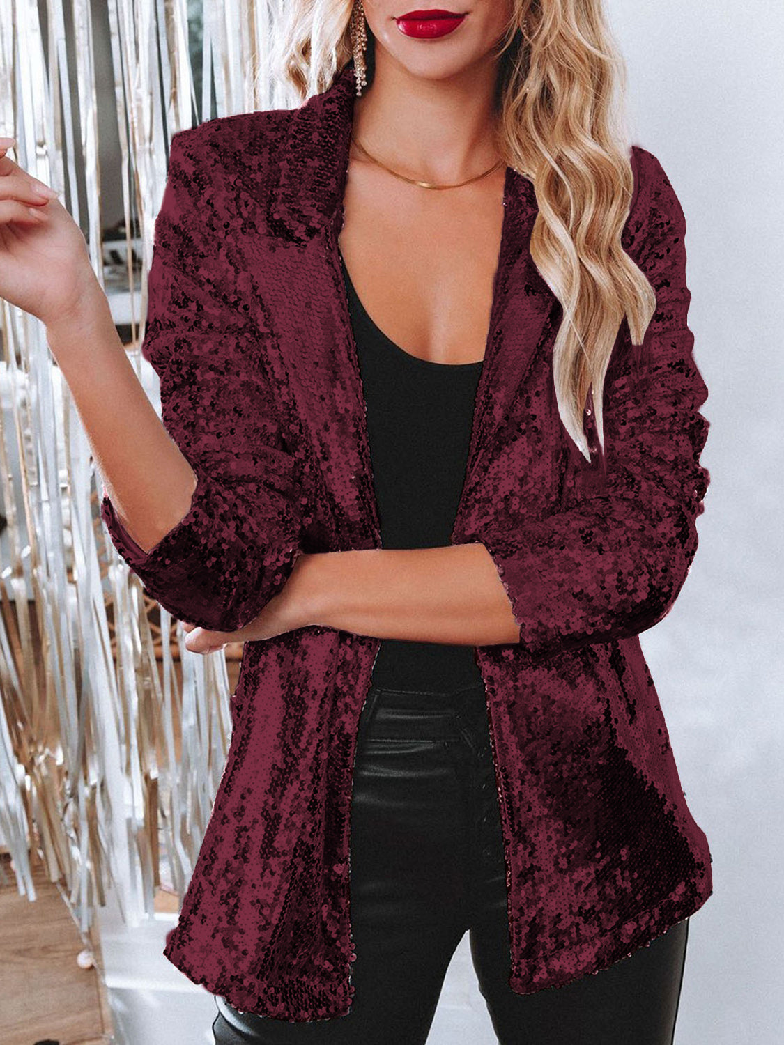 Sequin Lapel Collar Long Sleeve Blazer S-2XL