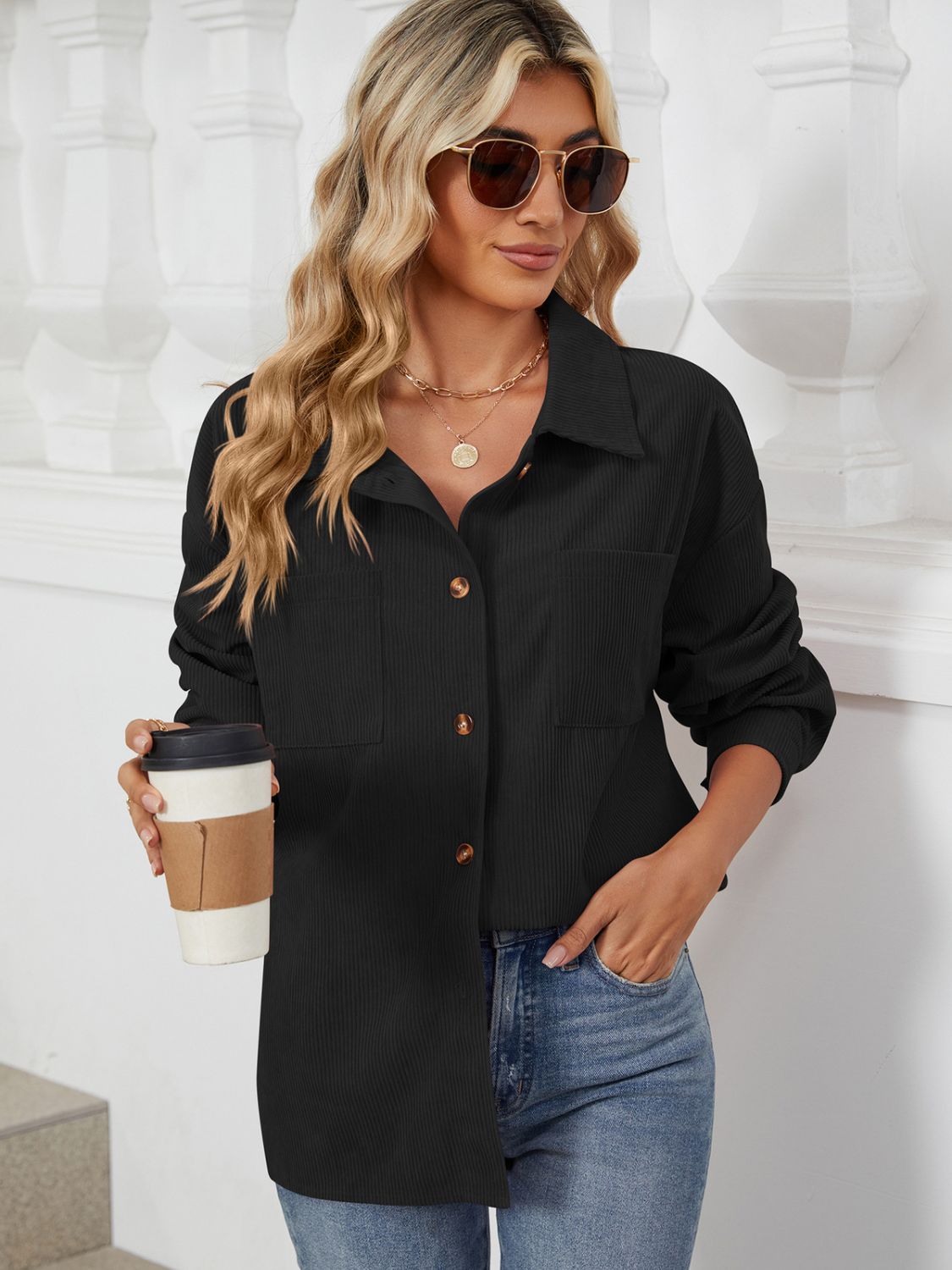 Button Up Dropped Shoulder Long Sleeve S-2XL