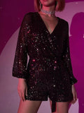 Full Size Sequin Surplice Tie Waist Long Sleeve Romper S-3XL