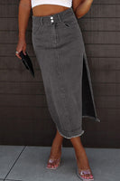 Raw Hem Slit Pocketed Midi Denim Skirt S-XL