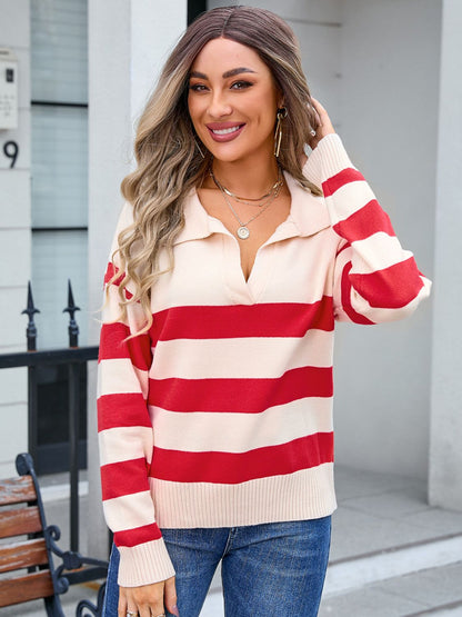 Striped Johnny Collar Knit Top S-XL