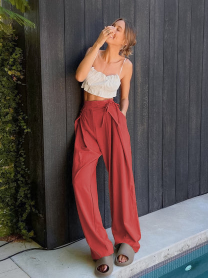 Tied High Waist Wide Leg Pants S-XL