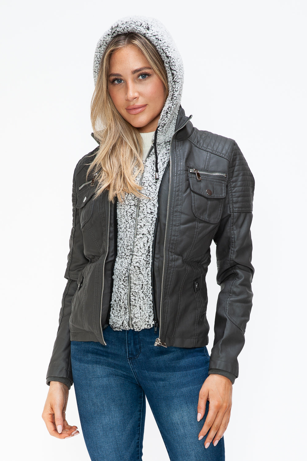 YMI Removable Faux Layered Multi-Pocket Jacket with Fuzzy Hood S-XL