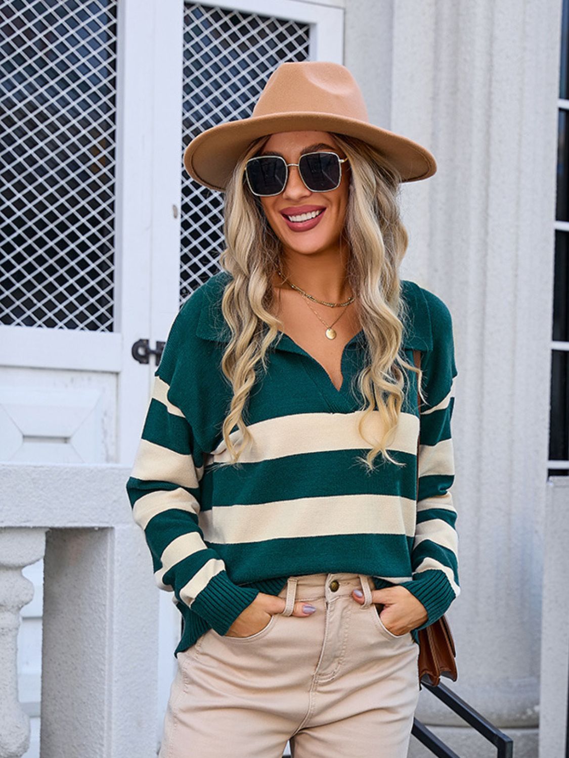 Striped Johnny Collar Knit Top S-XL