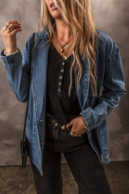 Pocketed Long Sleeve Denim Jacket S-2XL