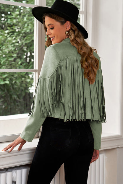 Fringe Trim Lapel Collar Cropped Blazer S-2XL