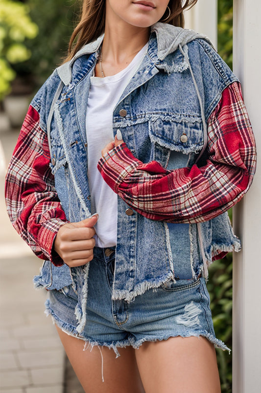 Raw Hem Drawstring Plaid Denim Jacket S-XL