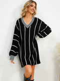 Striped V-Neck Long Sleeve Mini Dress S-XL