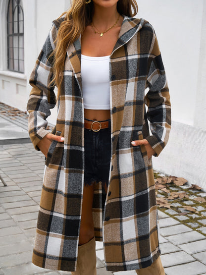 Plaid Long Sleeve Hooded Coat S-XL