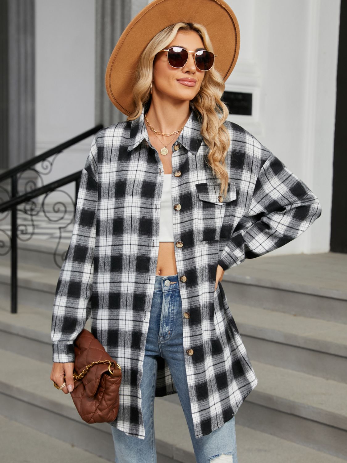 Plaid Collared Neck Long Sleeve Shirt S-2XL