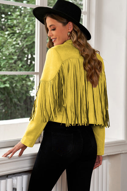 Fringe Trim Lapel Collar Cropped Blazer S-2XL