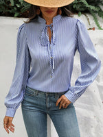 Striped Tie Neck Long Sleeve Blouse S-XL