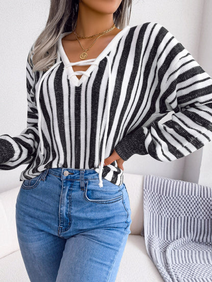 Striped Lace-Up Long Sleeve Sweater S-L