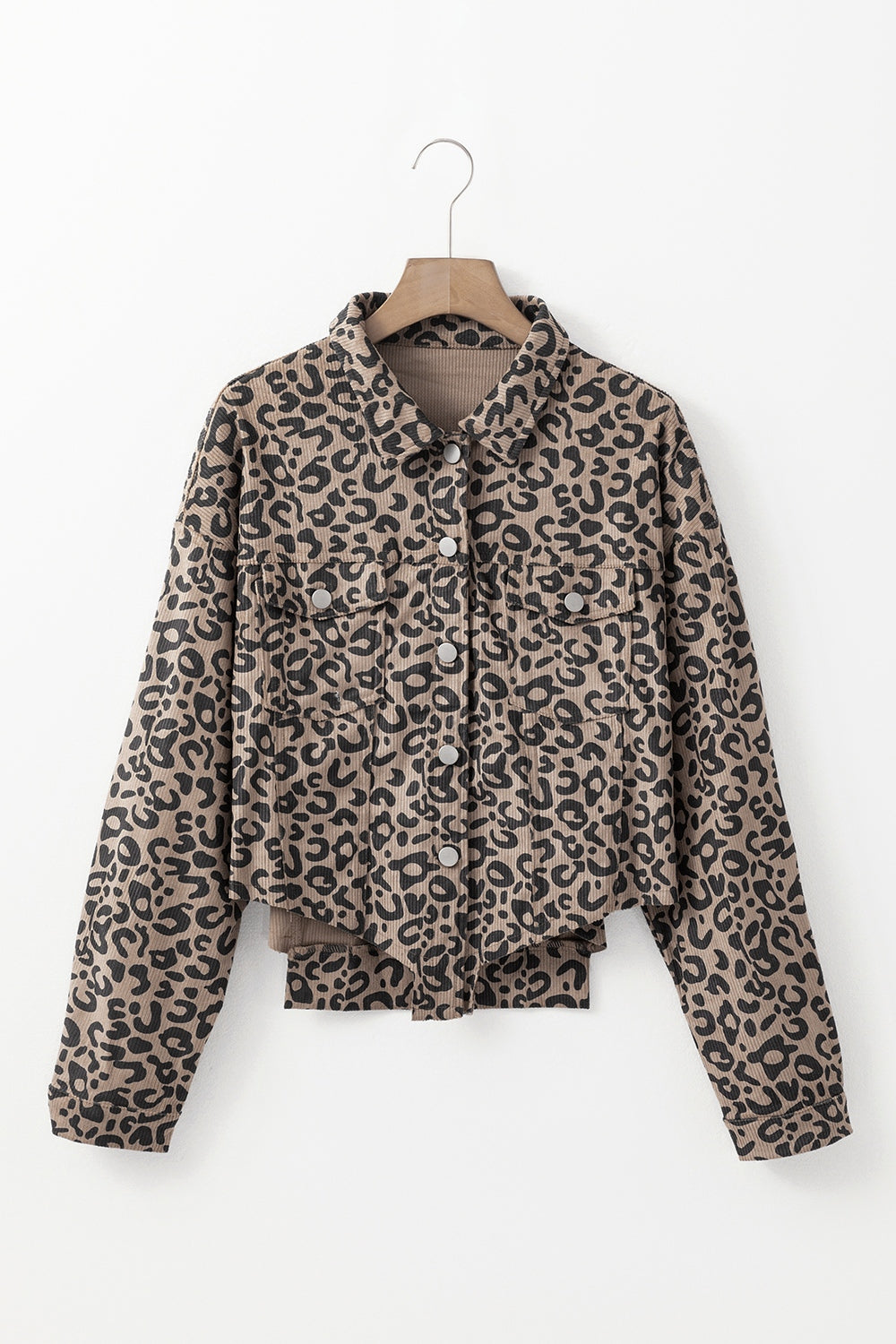 Asymmetrical Hem Collared Neck Leopard Jacket S-XL