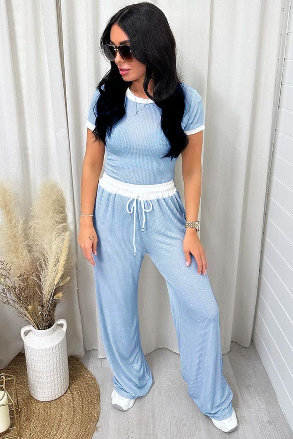 Contrast Trim Round Neck Top and Pants Set S-2XL