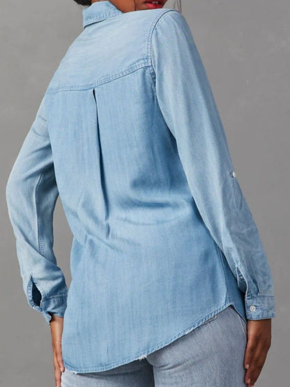 Collared Neck Roll-Tab Sleeve Denim Top S-2XL