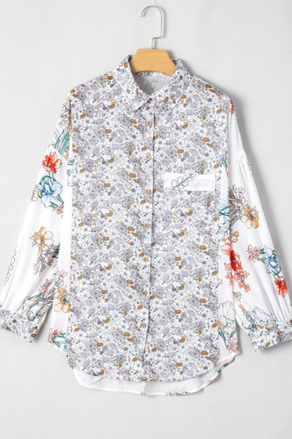 Floral Collared Neck Long Sleeve Shirt S-XL