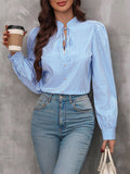 Striped Tie Neck Long Sleeve Blouse S-XL