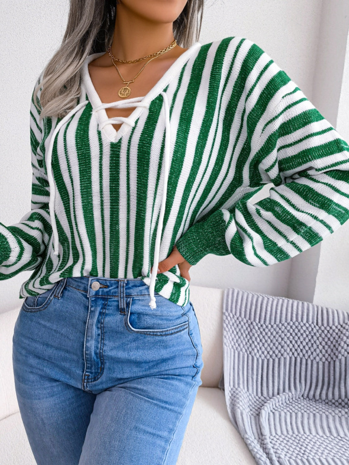 Striped Lace-Up Long Sleeve Sweater S-L