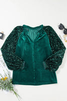 Sequin Notched Long Sleeve Blouse S-XL