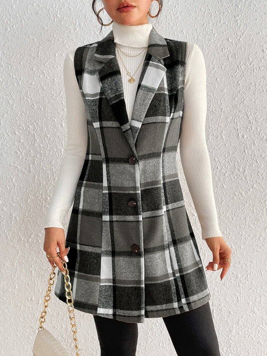 Honey Plaid Button Up Vest Coat S-XL