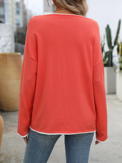 Contrast Trim Round Neck Long Sleeve Sweater S-XL