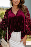 Sequin Notched Long Sleeve Blouse S-XL