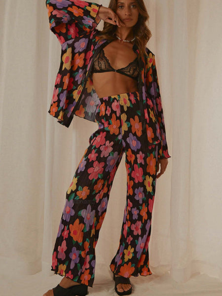 Collared Neck Long Sleeve Top and Pants Lounge Set S-L