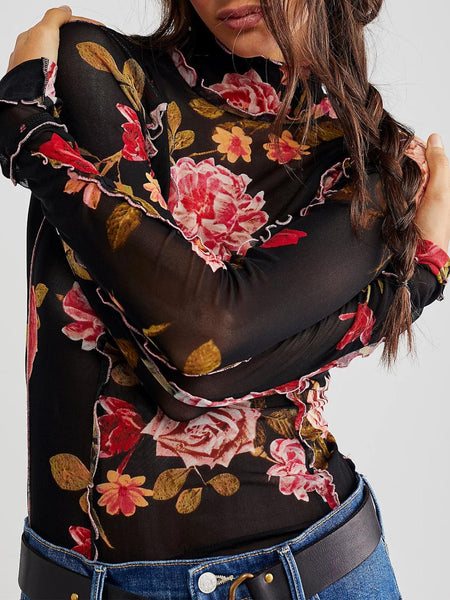 Floral Mock Neck Long Sleeve Top S-L