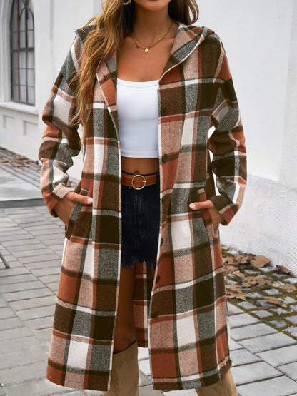 Plaid Long Sleeve Hooded Coat S-XL