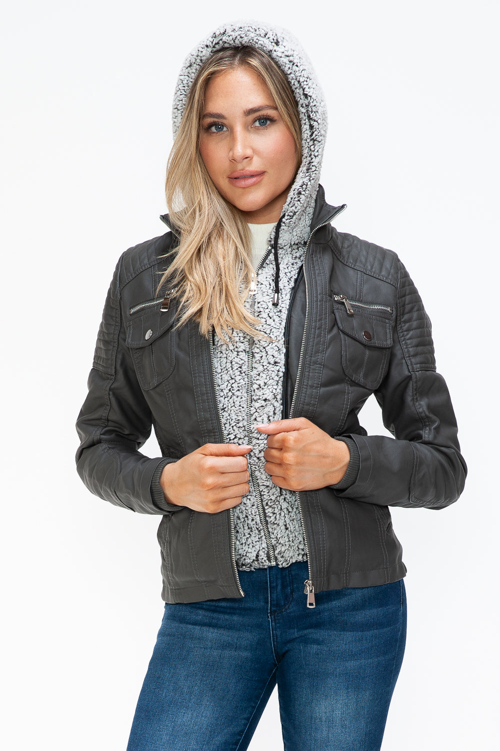 YMI Removable Faux Layered Multi-Pocket Jacket with Fuzzy Hood S-XL