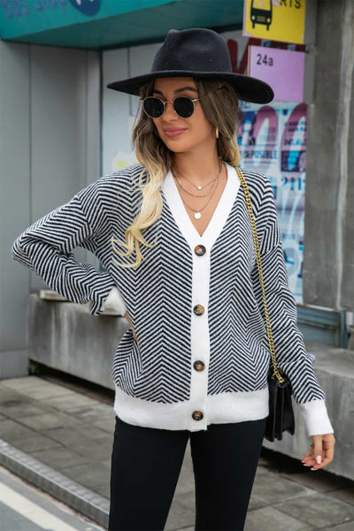 Striped V-Neck Dropped Shoulder Button-Up Cardigan S-XL