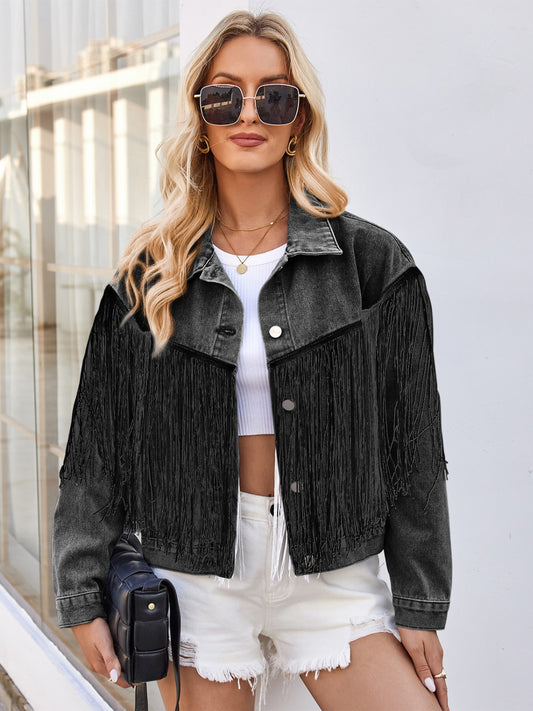 Tassel Button Up Dropped Shoulder Denim Jacket S-XL