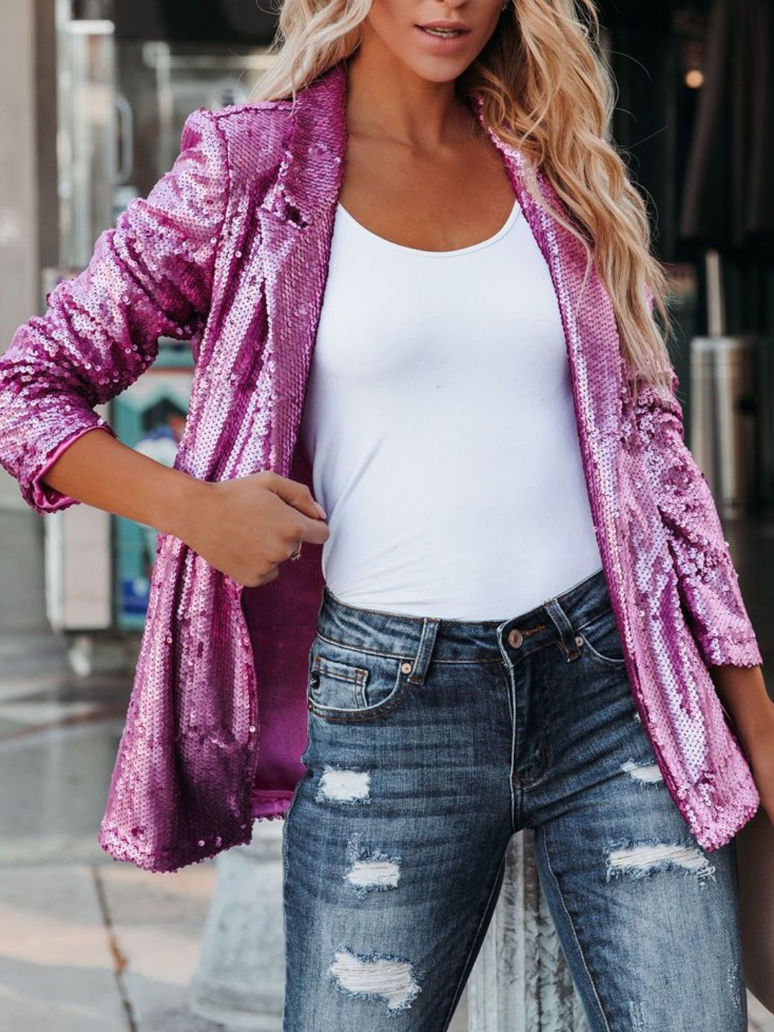 Sequin Lapel Collar Long Sleeve Blazer S-2XL