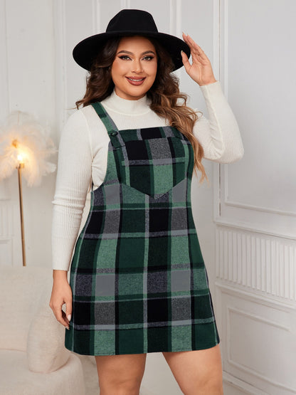 Plaid Wide Strap Overall Dress 1XL-4XL