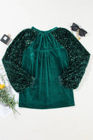 Sequin Notched Long Sleeve Blouse S-XL